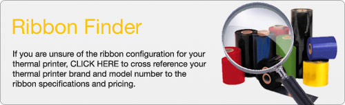If you are unsure of the ribbon configuration for your thermal printer, CLICK HERE to cross reference your thermal printer brand and model number to the ribbon specifications and pricing.